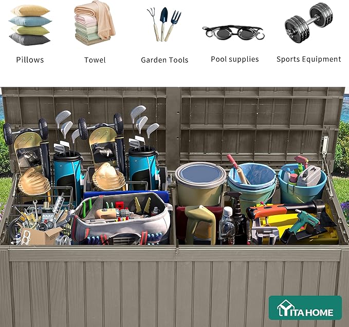 YITAHOME 180 Gallon Large Outdoor Storage XL Deck Box w/Divider for Patio Furniture,Outdoor Cushions, Garden Tools, Sports Equipment and Pool Supplies, Waterproof, Resin, Lockable, Taupe