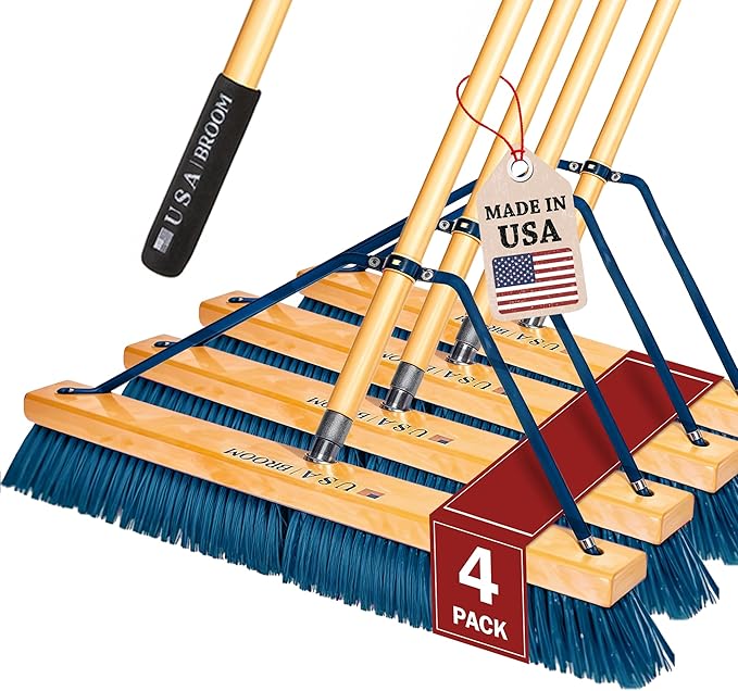 4-Pack - 24" Heavy Duty Outdoor Push Broom with 60" Handle. Ideal for Asphalt, Concrete & Heavy Debris. Durable American Made Steel Brackets-Stainless Steel Hardware. No Plastic. 100% USA Made