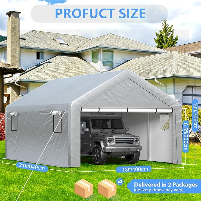 Carport 13x21 FT Enclosed Carport with Roll-up Windows, Portable Garage with Removable Sidewalls & Doors, Car Canopy Tent with Sandbags All-Season Tarp for Car Boat Truck Motorcycle