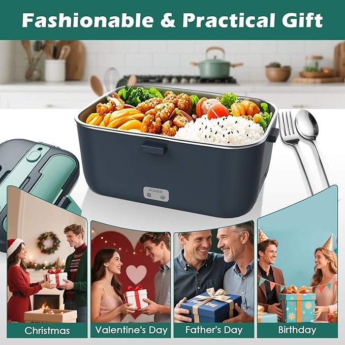 Electric-Lunch-Box-Heated-Food-Warmer 100W Heating Lunchbox for Adults 1.8L Portable Food Heater for Work/Car, 12V/24V/110-230V Lonchera Eléctrica Portátil with Fork Spoon (Gray+Green)