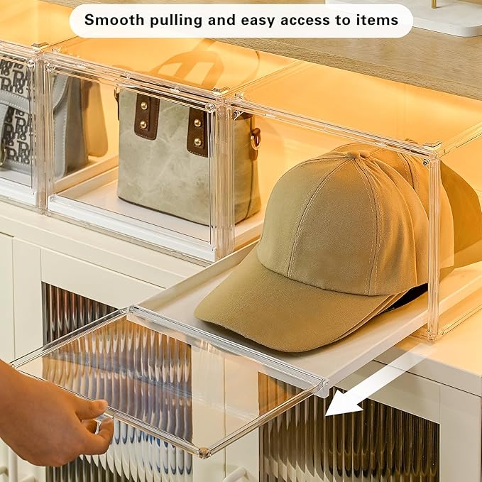 Hat Organizer Cap Box, Stackable Clear Baseball Caps Holder Containers with Magnetic Door for Hats Snapback Cap Storage, Pull Out Drawer Hat Rack Display Case (3pack)