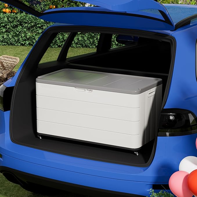 Outdoor Storage Deck Box Waterproof, 110 Gal Wheels Large Lockable Patio Storage Bin Chest, Resin Outside Container Seat Bench for Furniture Cushions, Pool Accessories, Garden Tools & Delivery, White