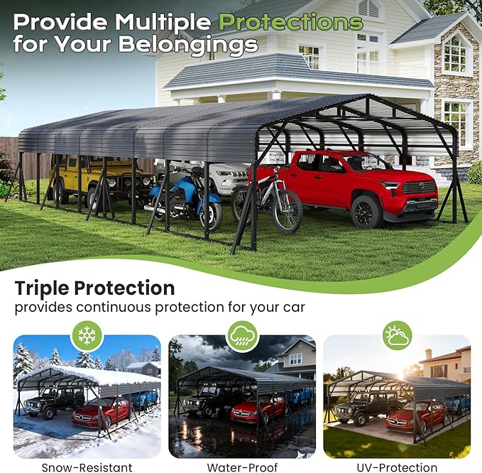 20x40FT Heavy Duty Metal Carport, Outdoor Portable Car Garage w/Reinforced Support Rods & Windproof Ground Anchors, All-Season Versatile Outdoor Shelter for Car, Boats, Truck