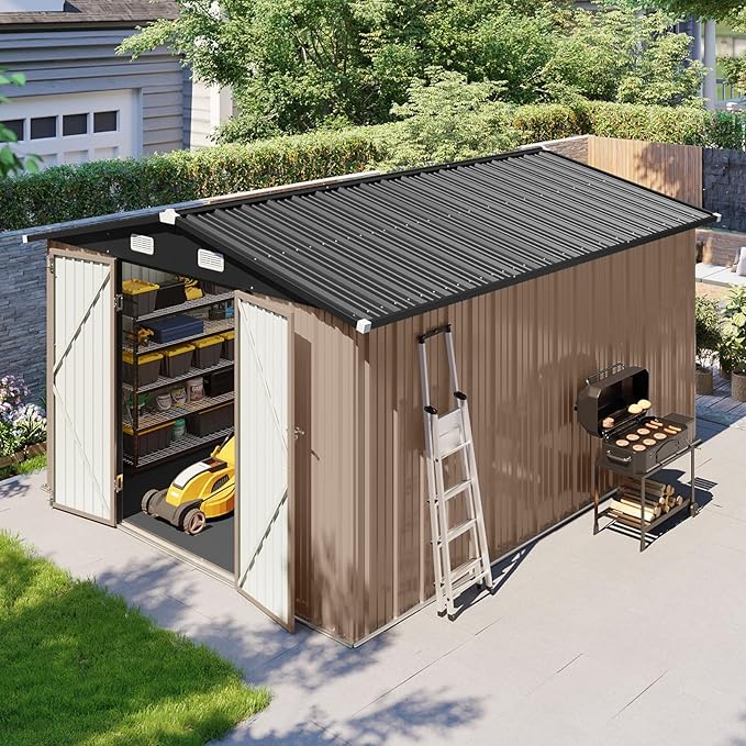 10x12 FT Outdoor Storage Shed with Floor & Lockable Double Doors, Heavy-Duty Galvanized Steel Outdoor Metal Shed for Bike, Tool, Generator Storage in Backyard, Patio (10’x12’, Floor)