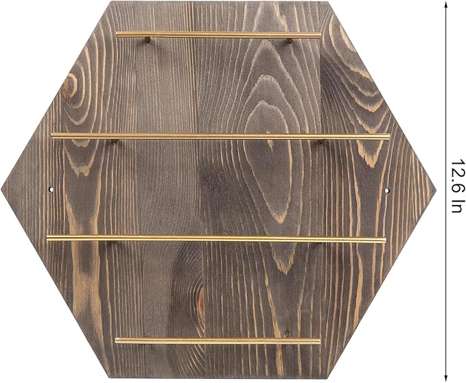 Rustic Style Wall Mount Jewelry Hanger Rack Vintage Back Wood Board 4 Tier Brass Bars Display Holder Necklace Ring Bracelet Ring Earring Watch Organizer Home Boutique Shop Vanity Dresser