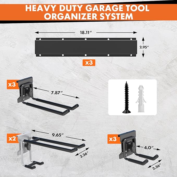 48" Garage Tool Organizer Wall Mount, 440lbs Heavy Duty Metal Storage Rack | Adjustable Hooks Garden Tool Organization System | Anti-Rust Shed Holder for Hanging Rake, Broom, Shovel, Snowboard
