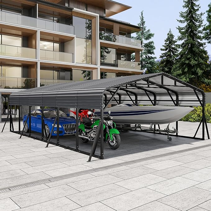 20x30FT Heavy Duty Metal Carport, Outdoor Portable Car Garage w/Reinforced Support Rods & Windproof Ground Anchors, All-Season Versatile Outdoor Shelter for 3 Car, Boats, Truck