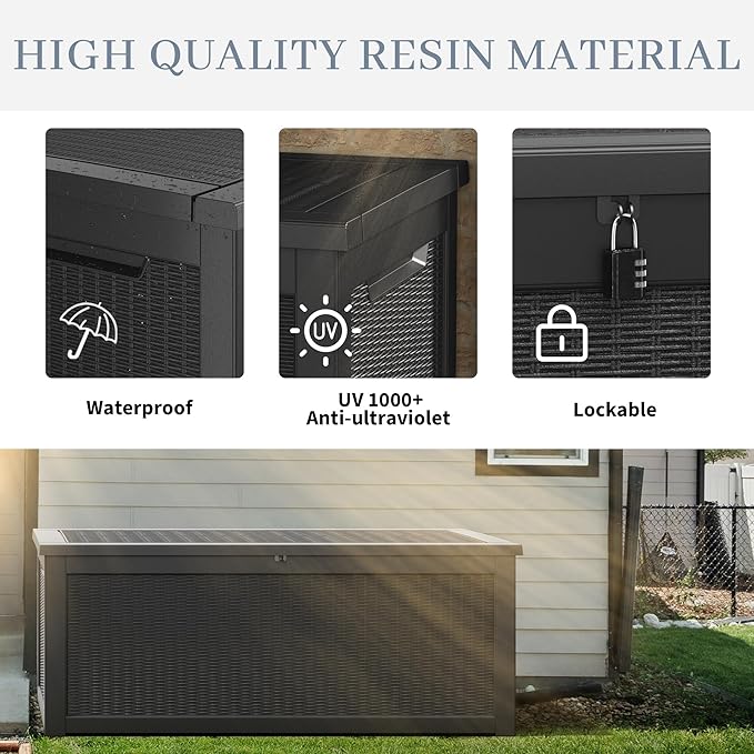 Outdoor Storage Deck Boxes Waterproof, Waterproof and UV Resistant Outdoor Storage Box Lockable Lid for Delivery Box, Indoor, Garden Tools, Pool Supplies, Patio (Black, 260 Gallon)