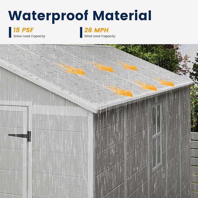 UDPATIO Resin Storage Shed 8 x 10 FT, Outdoor Garden Sheds with Floor Plastic Patio Outdoor Storage with Lockable Door for Bike, Garbage Sandstone