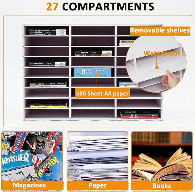 LOYALHEARTDY Literature Organizer, 27 Compartments Paper Storage Cabinet Mail Organizer, 31.5 X 12 X 21.69 Inch Desktop File Sorter Mail Center Mailbox School Classroom Keepers for Home&Office, White