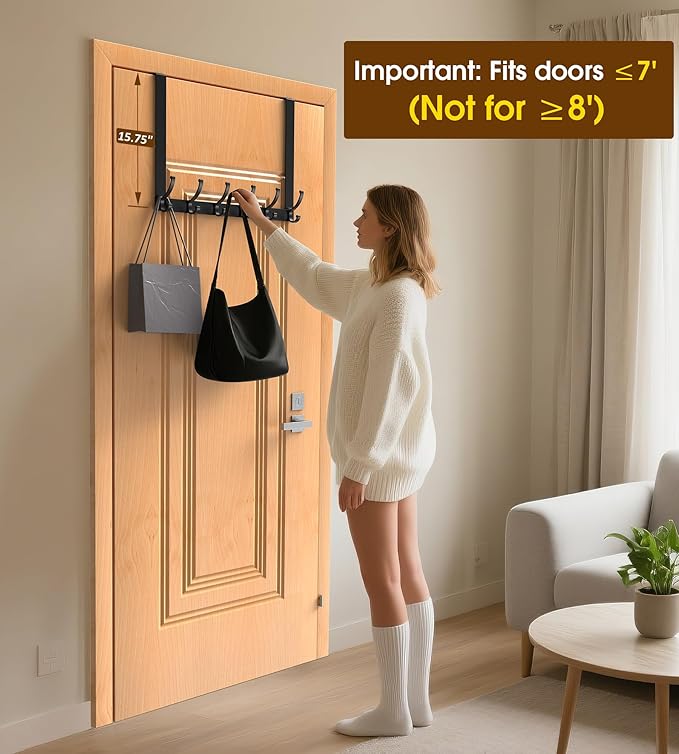 Long Over The Door Hooks Hanger with 15.75" Arms for Easier Access by Shorter, Heavy Duty Door Hanger for Coat, F16U, Fits Standard 1 3/8'' Doors, Towel Racks for Bathroom, Black