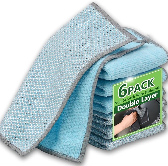 6Pack Double-Side Non-Scratch Wire Dishcloth, Upgrade Wire Mesh Cleaning Cloths, Soft Multipurpose Wire Dishwashing Rags,Quick Dry,Lint Free for Home/Kitchen(7.87''x7.87'') - Blue