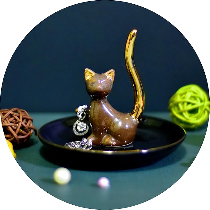 Brown Glazed Plated Gold Ceramic Elegant Engagement Wedding Cat Ring Trinket Dish