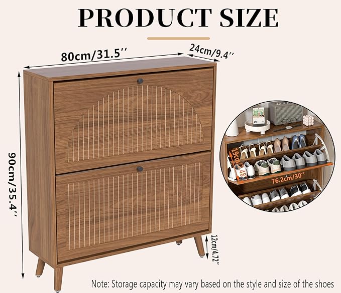 Shoe Storage Cabinet for Entryway with 2 Flip Drawers, Narrow Wood Shoe Cabinet with Fluted Panel, Freestanding Hidden Shoe Organizer for Foyer, Hallway (Walnut)