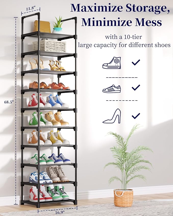 Kitsure Shoe Rack - 10-Tier Shoe Organizer with Detachable Fabric Shelves & Metal Frame, Tall Shoe Rack for Closet, Entrance, Living Room, 16.9" Wide - 10 Tier, Black