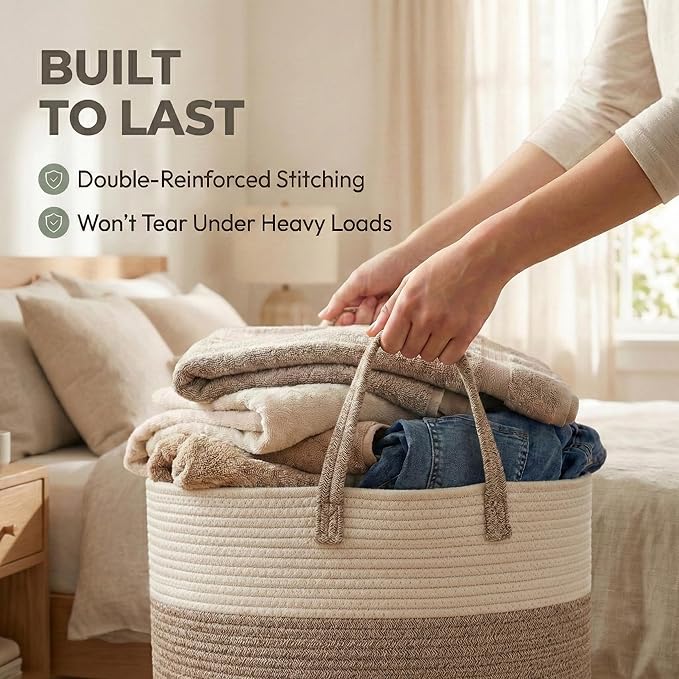 65L Extra Large Blanket Basket for Living Room - Woven Cotton Rope Laundry Hamper with Reinforced Handles - Storage Bin for Pillows, Comforters & Toys - Machine Washable,White&Brown