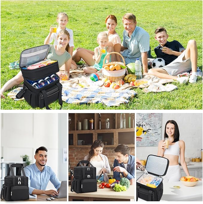 Insulated Lunch Bag & Lunch Box for Men - Double Deck Reusable Lunch Bag for Women Tote Cooler Bag Leakproof Soft Expandable - Large Lunchbox for Work/Adult/Picnic/Outdoor (Black，15L)