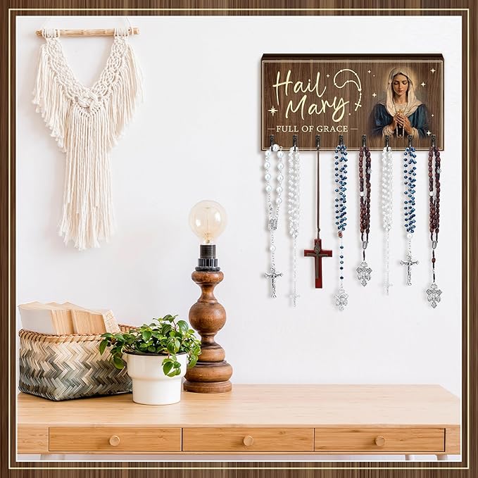 Large Wooden Rosary Holder Wall Mounted with 8 Hangers Catholic Rosary Storage Organizer Decorative Hanger Holder for Necklace, Bracelet Prayer Storage(Classic)