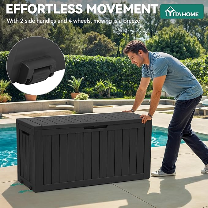 YITAHOME 72 Gallon Outdoor Storage Box w/Wheels, Resin Deck Box Indoor & Outdoor Patio Storage Box for Throw Pillows, Athletic Gear(Black)
