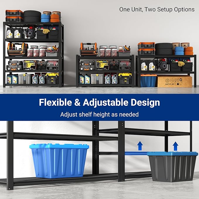 FLEXIMOUNTS 60" W Garage Shelving, 5 Tier Storage Shelves Load 1500LBS, Adjustable Garage Shelving Heavy Duty, Metal Shelves Unit for Basement, Warehouse, 60" W x 72" H x 24" D, Black