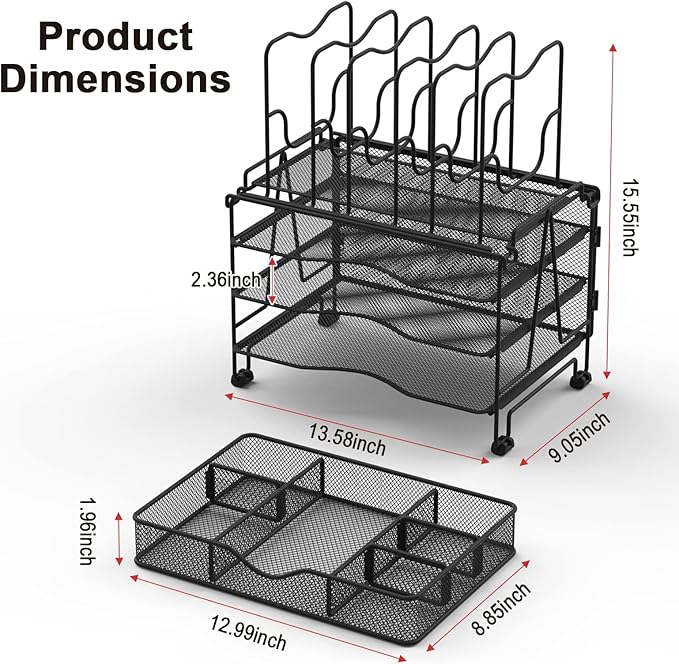 Mesh Desk Organizer, 3-in-1 Desktop Organizer with 3 Tier Tray and 5 Upright Sections, File Organizer for Desk with Sliding Drawer, Black