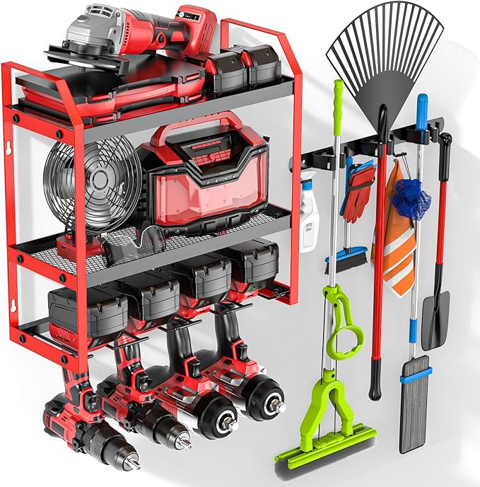 Power Tool Organizer Wall Mount with Broom Holder Combo, Red & Black 3-Tier Garage Storage Rack with Battery Storage, 4 Drill Holder Slots, Heavy Duty Steel 150LB Capacity