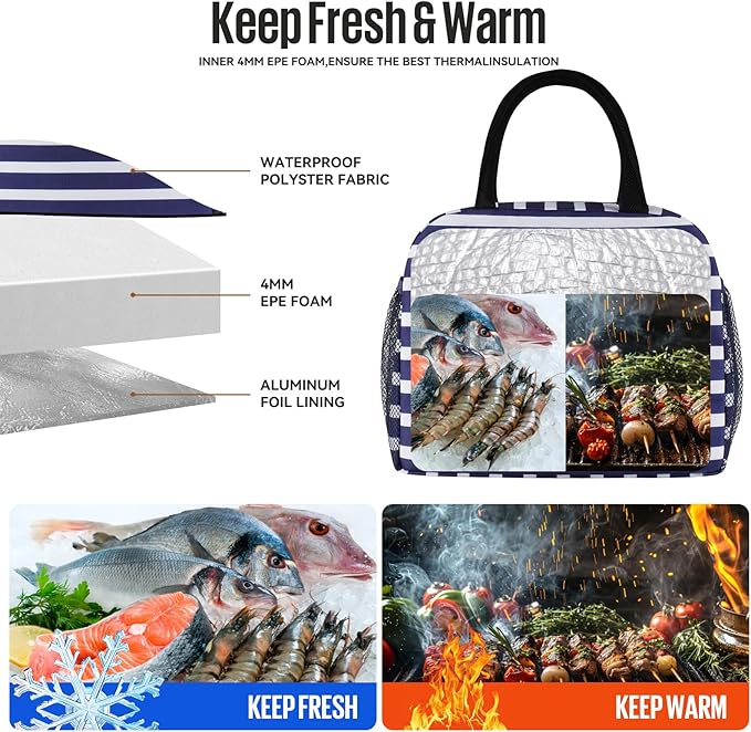 Lunch Bag Women/Men Lunch Box Women/Men (Dark blue+White Stripes)