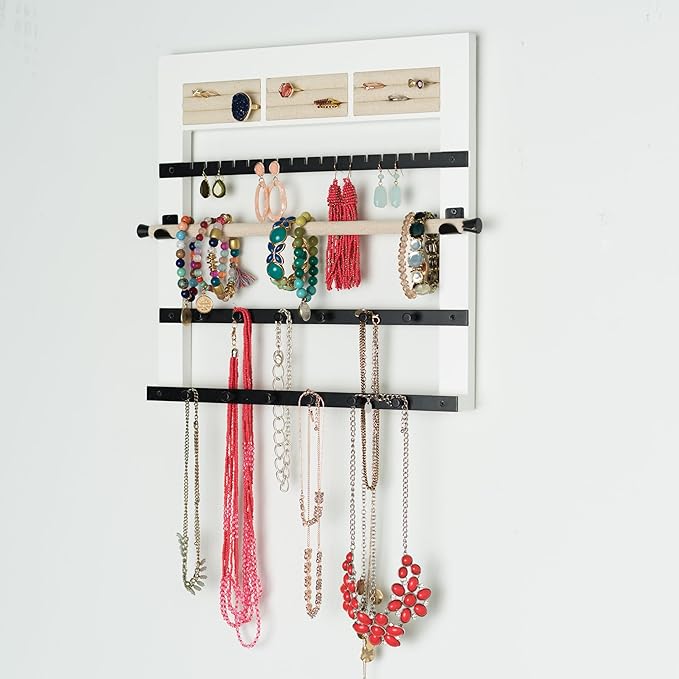 Hives and Honey Tori Wall Hanging Jewelry Rack – Wall-Mounted Organizer with Ring Rolls, Earring Slots, Bracelet Bar & Necklace Hooks, Anti-Tarnish Linen, White