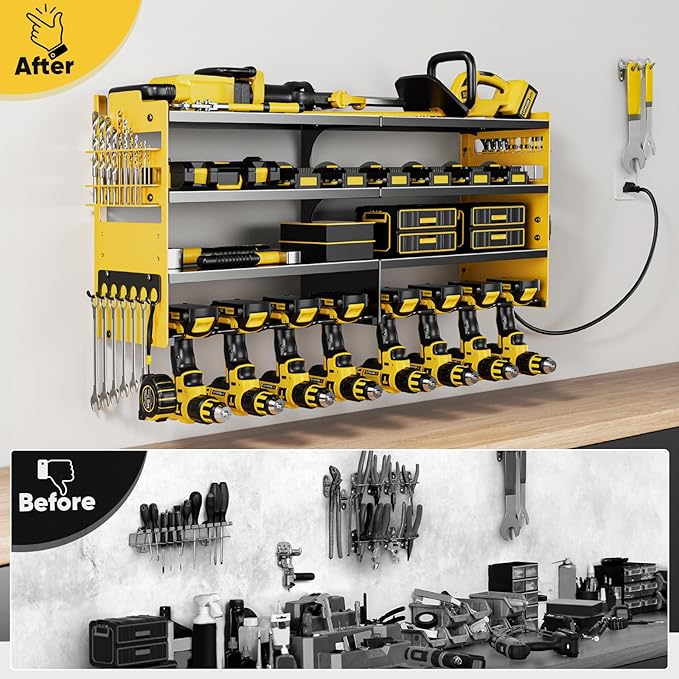 Large Power Tool Organizer Wall Mount with Charging Station,4 Layer Heavy Duty Metal Storage Rack Loads 600lbs with 8 Cordless Drill Holder,Battery Utility Rack Gift for Garage workshops Room