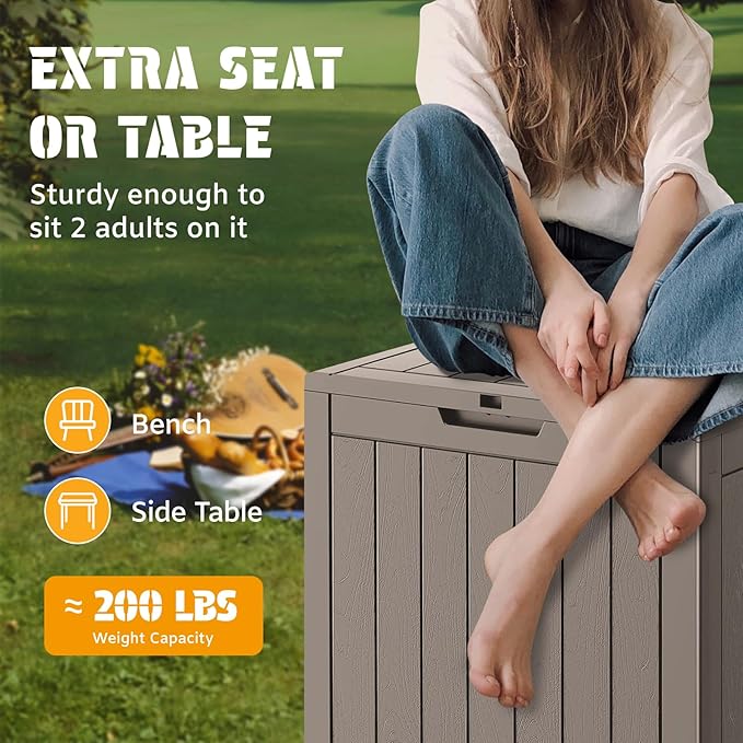 NUNU LAB 32 Gallon Outdoor Storage Box Waterproof, Outside Package Delivery Deck Boxes with Lockable Lid, Backyard Storage Bin For Garden Tools, Patio Cushions Accessories, Gray
