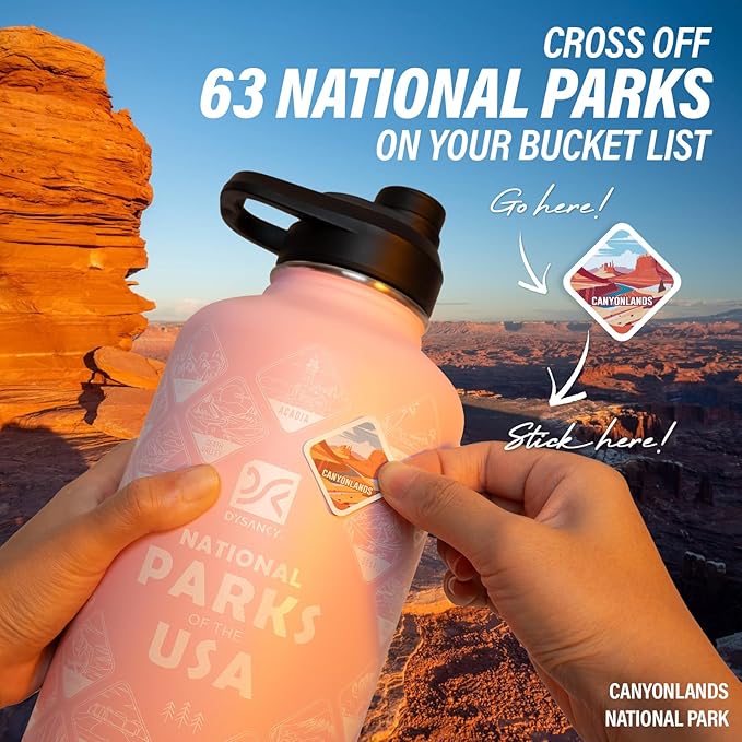 National Parks Water Bottle – 64 oz Insulated Stainless Steel Bottle with 63 Hand-Drawn Park Stickers, Carrier Bag, Strap & Gift Box – BPA-Free – Ideal for Hiking, Camping & Travel