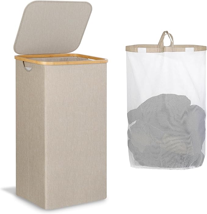 A Laundry Basket with Lid, Large Laundry Hamper with Handle and Lid, Collapsible Clothes Basket Organizer with Removable Inner Bag for Clothes Toys Towels (Oatmeal, 110L)