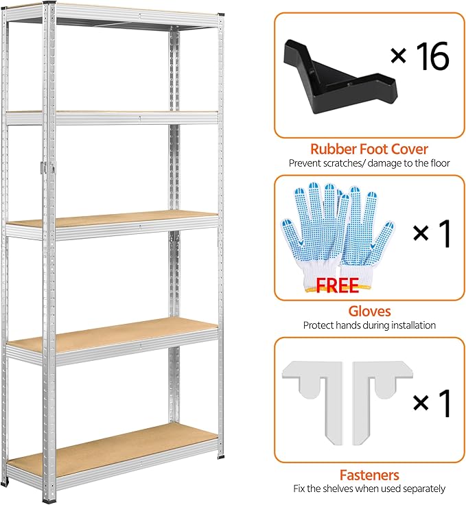 Topeakmart 5-Tier Utility Shelves, Metal Storage Shelves Garage Shelving Unit Adjustable Garage Storage Shelves Storage Racks Heavy Duty Shed Shelving- Silver, 35.5 x 12 x 71 Inch