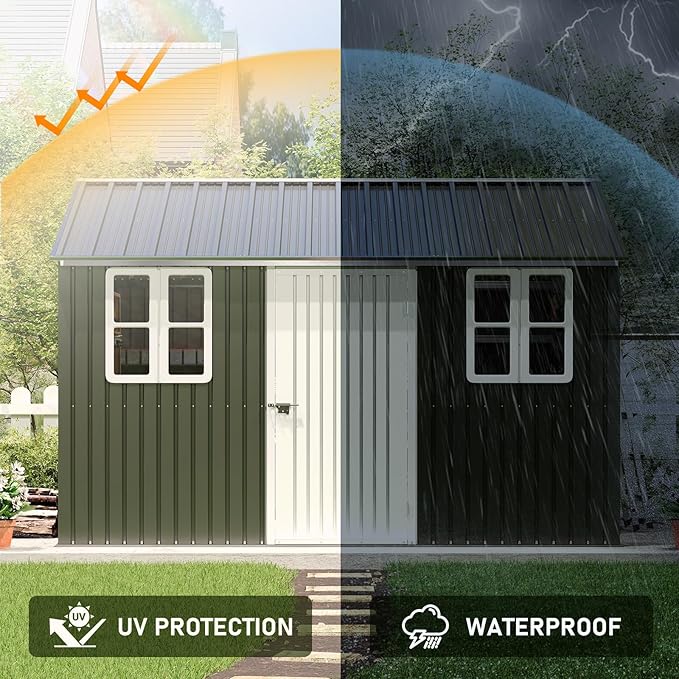 VanAcc 10 x 12FT Outdoor Storage Shed with a Lockable Hinged Door and 2 Windows, Nordic Cottage Metal Shed for Backyard, Garden, Patio, Dark Grey/White
