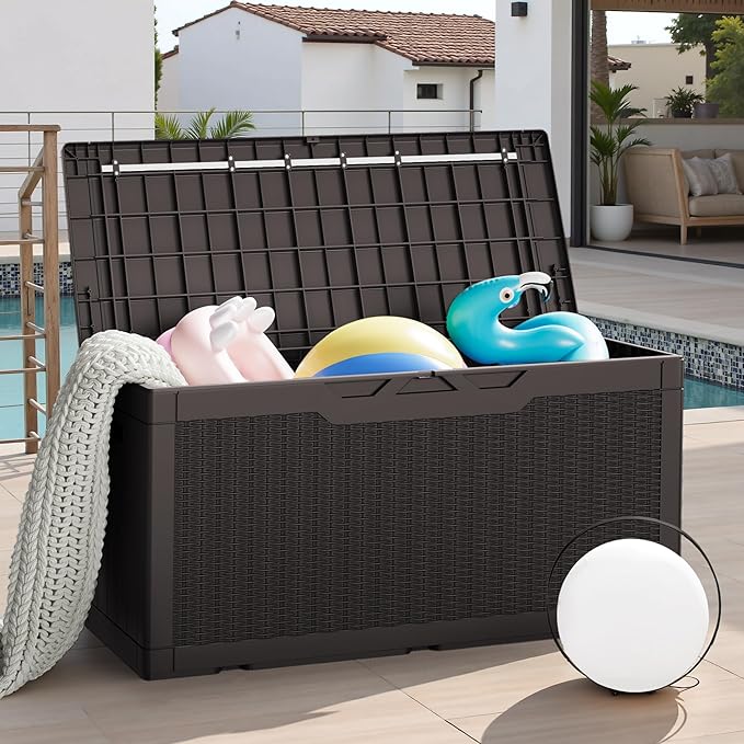 JUMMICO 100 Gallon Resin Deck Box with Cushion, Waterproof Outdoor Storage Box with Lockable Lid for Garden Tools, Patio Cushions (Brown)