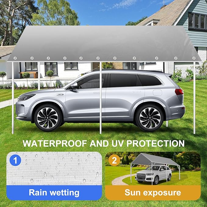 10' x 20' Canopy Replacement Cover for Carport, 220G Heavy Duty Replacement Top Cover for Car Garage, Waterproof & UV Protected Tarp with 48 Ball Bungees (Only Cover, Frame Not Included), Grey