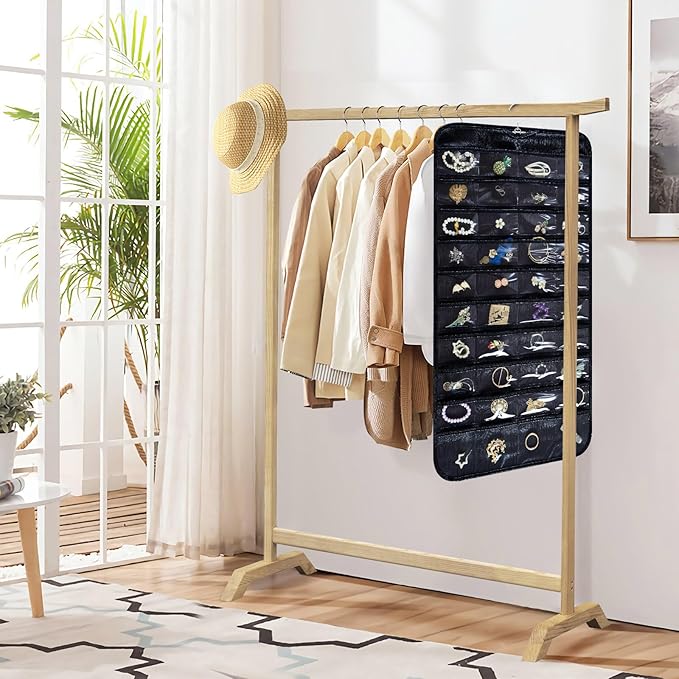 Hanging Jewelry Organizer Storage Roll with Hanger Metal Hooks Double-Sided Jewelry Holder for Necklaces, Earrings, Rings on Door, Wall, Closet, 48 Pocket Organizer,Black