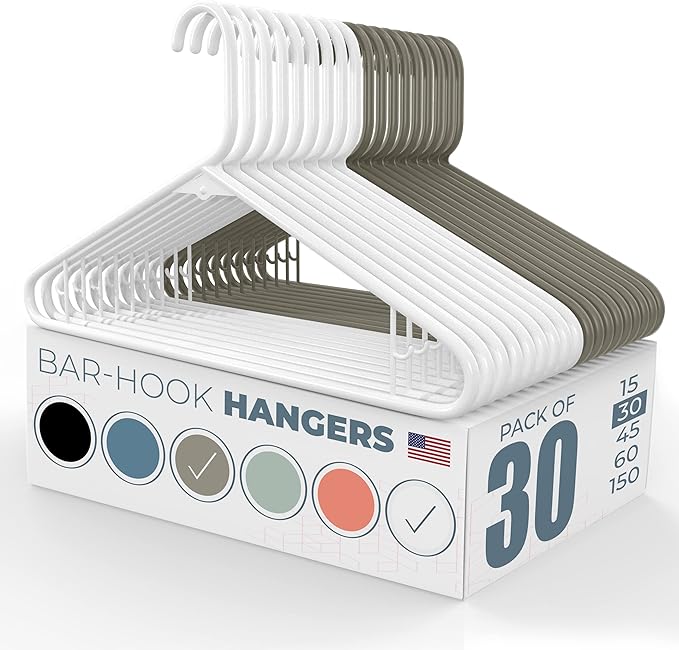 Neaties Plastic Hangers 30 Pack – Made in The USA – 6lb Capacity Standard Clothes Hangers with Strap Hooks for Dresses, Lingerie, Shirts, Pants, and Jackets – White & Gray
