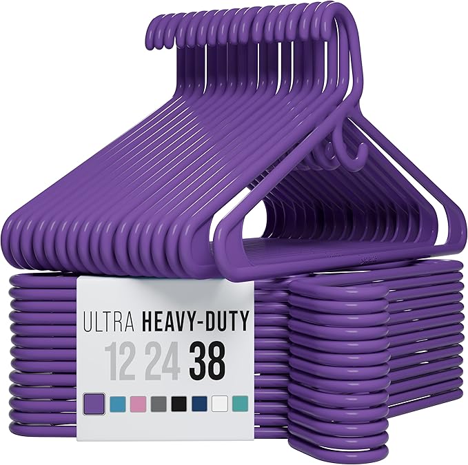 NEATERIZE Ultra Heavy Duty Plastic Clothes Hangers - Purple - Durable Coat, Suit and Clothes Hanger. Perchas De Ropa (38 Pack - Purple)