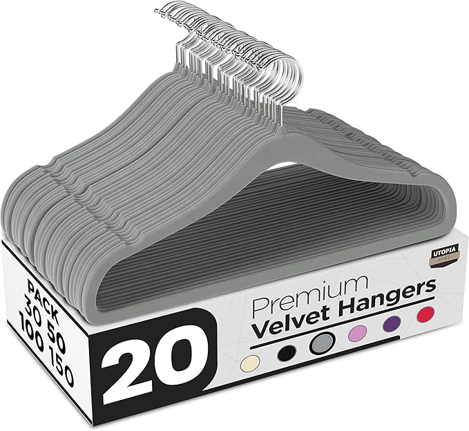 Utopia Home Velvet Hangers 20 Pack - Non-Slip Suit Hangers with 360 Degree Rotatable Hook - for Pants, Coats, Shirts & More (Grey)