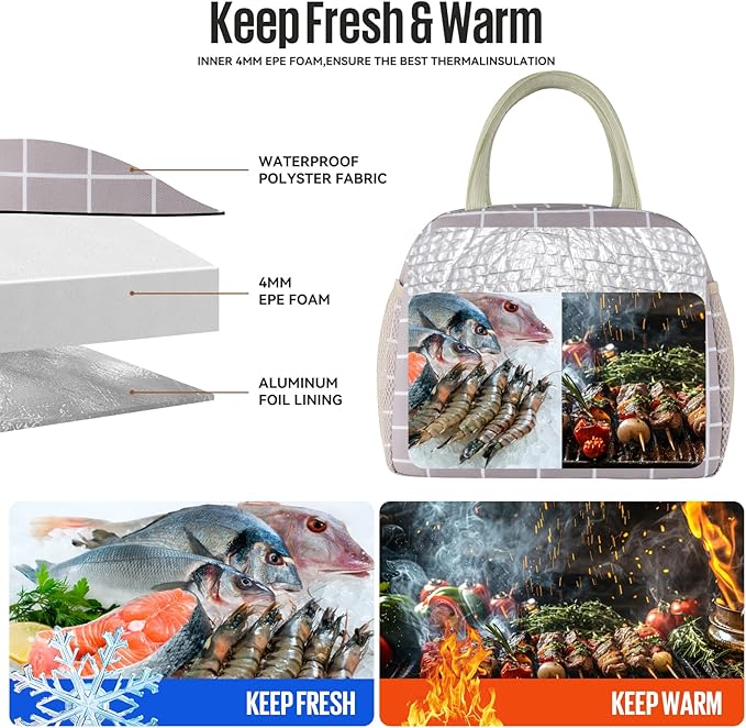Lunch Bag Women/Men Lunch Box Women/Men (Grey+White Blocks)