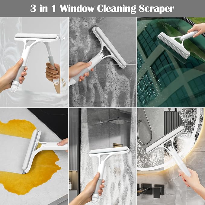 XANGNIER Window Cleaner Tool Kit,2025 3 in 1 Window Cleaning Scraper with Spray,Thickened Magic Cleaning Cloth,Window Scrubber Cleaning Squeegee for Glass,Mirror,Shower Doors,Car Windshields(White)