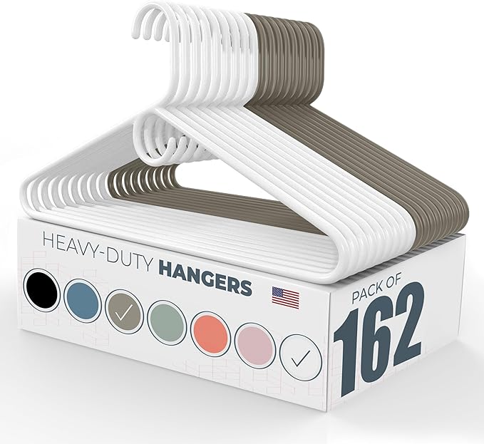 Neaties Heavy Duty Clothes Hangers 100+ Pack (162 Count) – Made in The USA – 8lb Capacity Plastic Hangers for Adult Clothing – Durable for Pants, Coats, Jackets, or Jeans – White & Gray