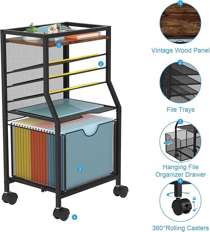 Rolling File Cart, 6-Tier Desk File Organizer on Lockable Wheels, Brown Wood Planks & Mesh Sliding Hanging Folder Drawer, Organization Cart for Office Home School