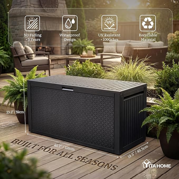 YITAHOME 90 Gallon Outdoor Deck Box, Lockable Resin Deck Box with Handles, Outdoor Storage Box for Patio Furniture, Garden Tools, Waterproof & UV Resistant, Black