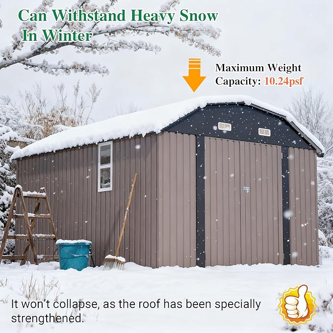 10×12 FT Outdoor Storage Shed,Heavy-Duty Metal Shed with Floor Base,All Weather Waterproof Tool Shed W/Diamond Roof & Windows,Lockable Double Door & 4 Air Vents,for Backyard,Patio,Lawn,Brown