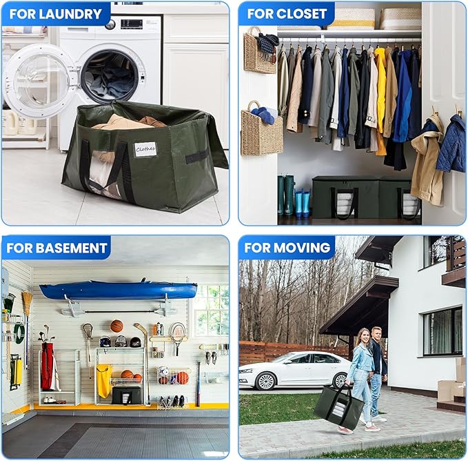 TAILI 6 Pack Green Extra Large Moving Bags, Heavy Duty Totes with Visible Window, Wrap Around Handles, Space-Saving Storage, Alternative to Moving Boxes