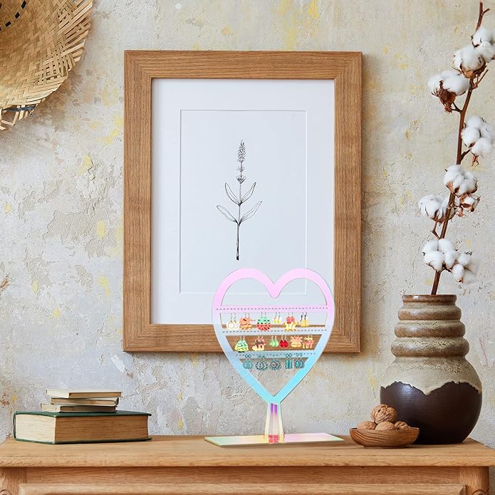 Qunclay Earring Holder Heart Shaped Jewelry Display with Holes 2 Tiers Earring Stand Aesthetic Cute Acrylic Rack for Women Dresser Nightstand Countertop Jewelry Organizer(Rainbow,1 Pcs)