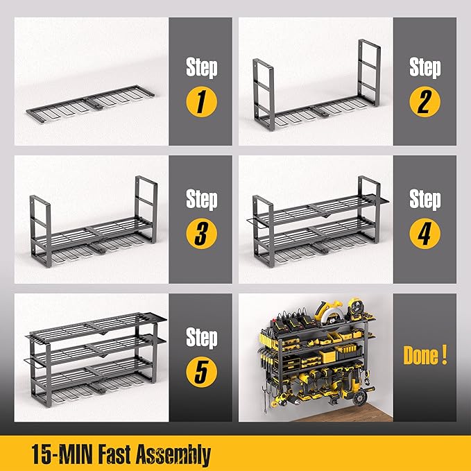 420LB Capacity Power Tool Organizer with Charging Station & 6 Outlets | Quick Assembly 4-Layer Heavy Duty Rack for Drills & Batteries | Ultimate Garage Storage & Christmas Gift for Men