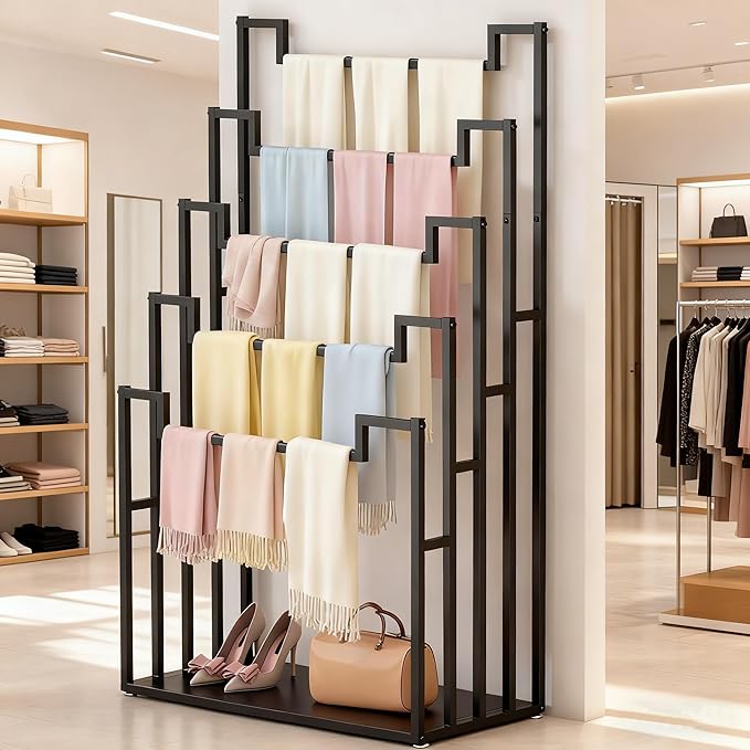 tonchean Freestanding Scarf Organizer, 5 Tier Metal Scarf Rack Hijab Hanger Scarf Storage Holder Ties Belt Pants Rack for Closet, Commercial Clothing Retail Store & Home (31.5X15.7X59.1In)